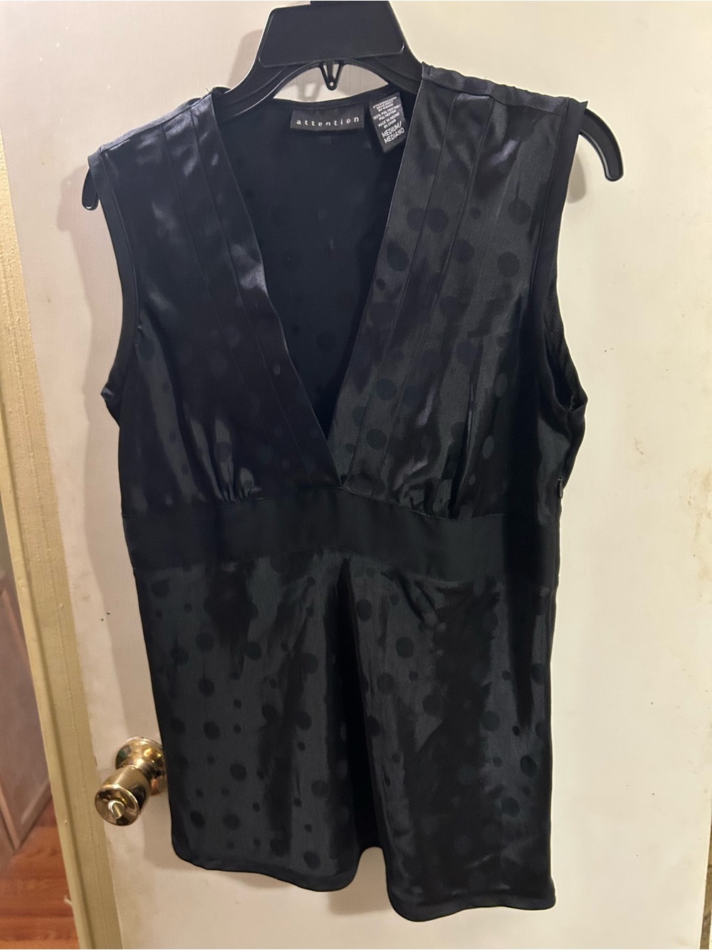 attention Black Strapless Satin Polka Dot V-Neck Top
